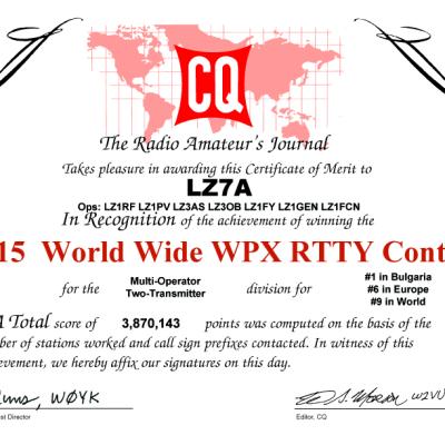 Lz7a Cqwpx Rtty 2015 Certificate